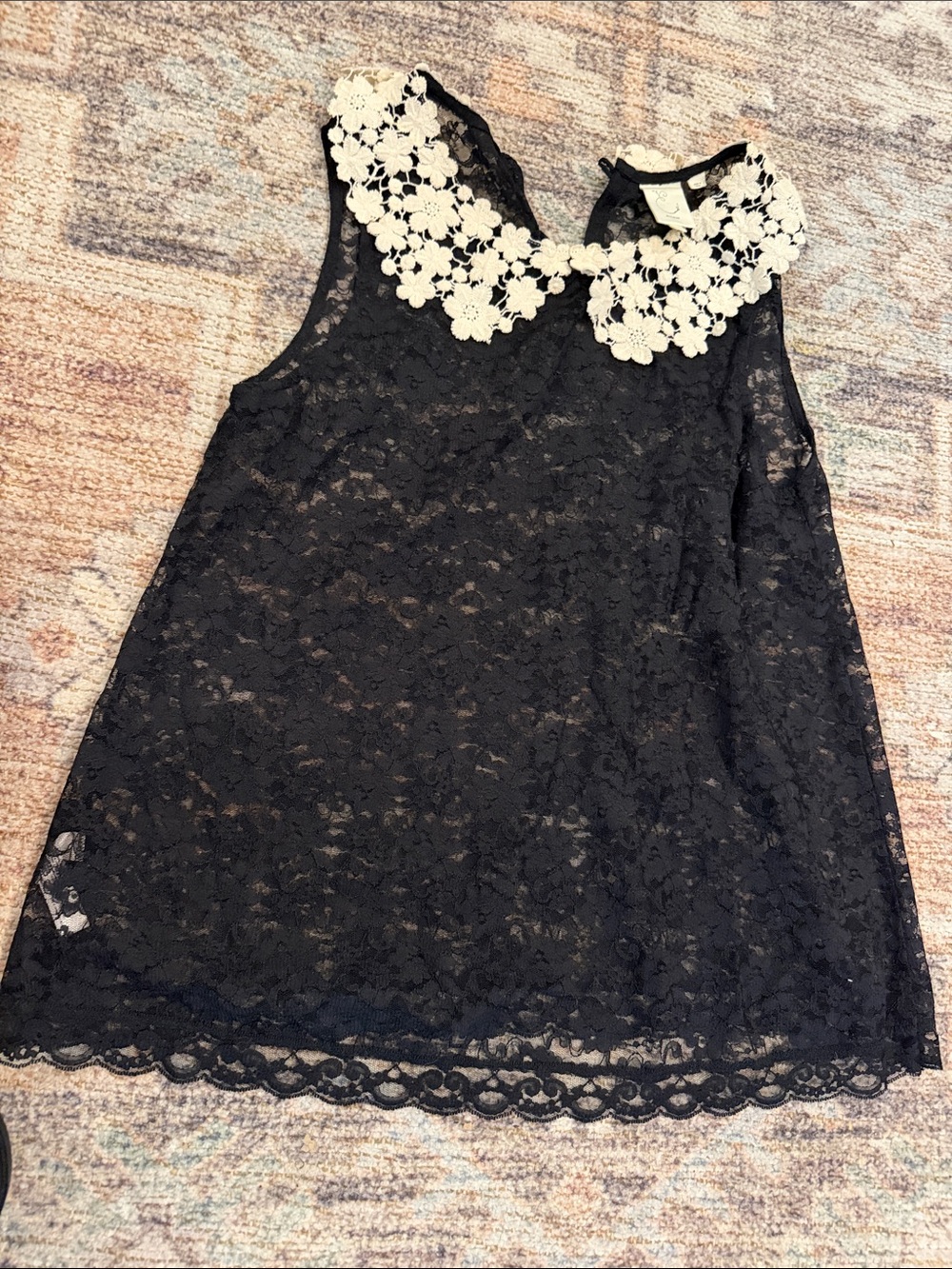 Black Lace Tank with White Floral Crochet Collar